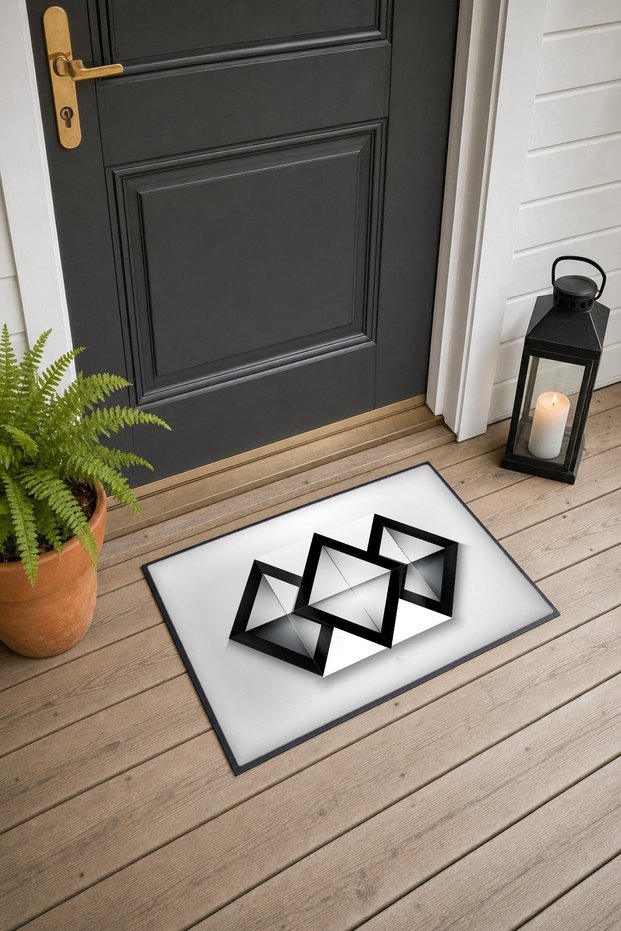 Black and White Geometric Patterned 287 Doormat, 40x60 cm, Non-Slip Sole, Decorative