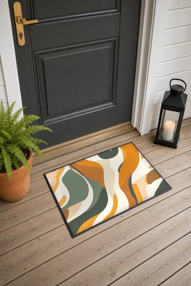 Mustard Khaki Wavy Abstract Patterned Doormat, 40x60 cm, Non-Slip Sole, Decorative