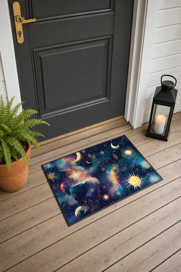 Navy Blue with Gold Crescent Galaxy-Patterned Doormat, 40x60 cm, with Non-Slip Sole, Decorative