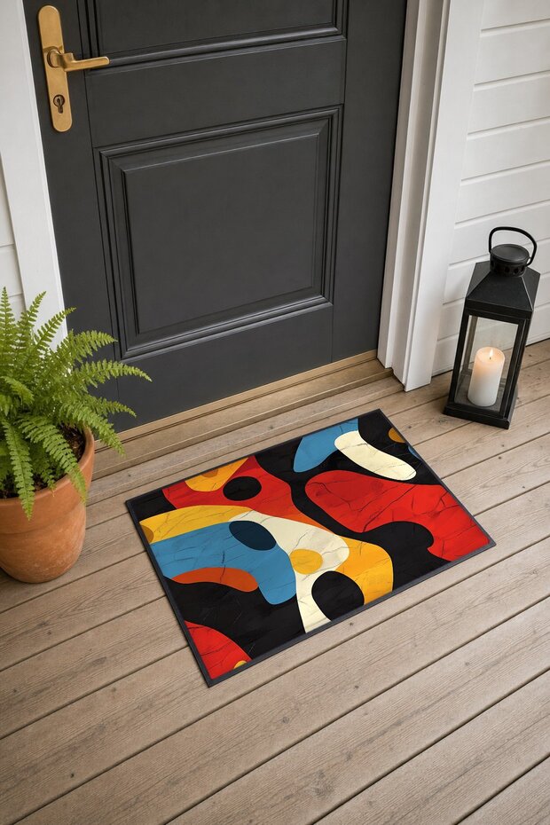Red and Blue Retro Abstract Patterned Doormat, 40x60 cm, with Non-Slip Sole, Decorative