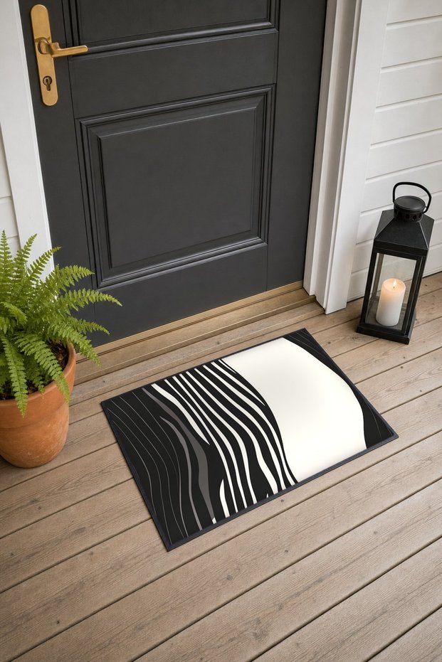 Black and White Wavy Striped Pattern Doormat, 40x60 cm, with Non-Slip Sole, Decorative