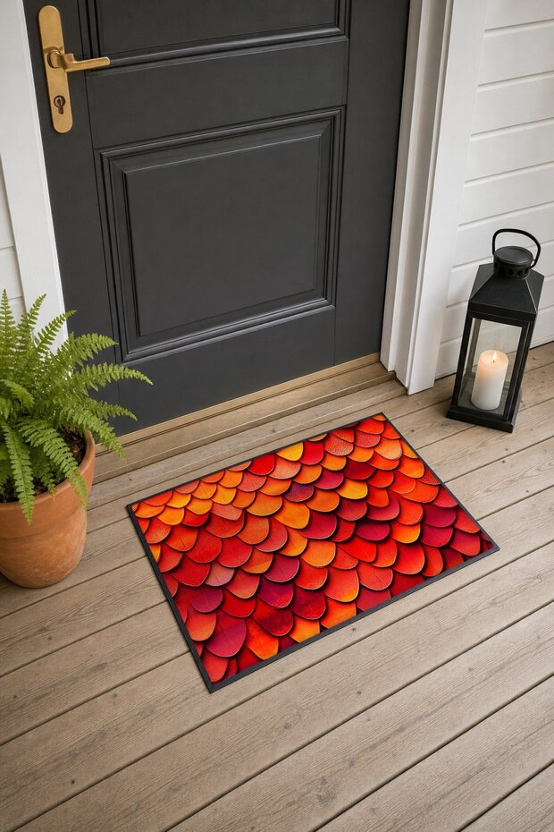Red and Orange Dragon-Patterned Doormat, 40x60 cm, with Non-Slip Sole, Decorative