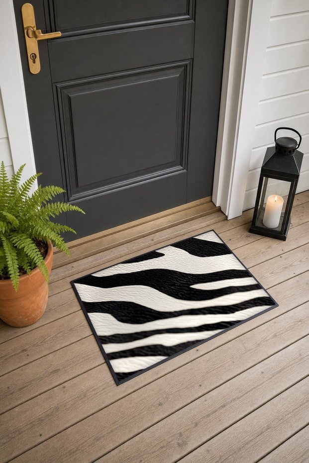 Black and White Wide Zebra-Patterned Doormat, 40x60 cm, with Non-Slip Sole, Decorative