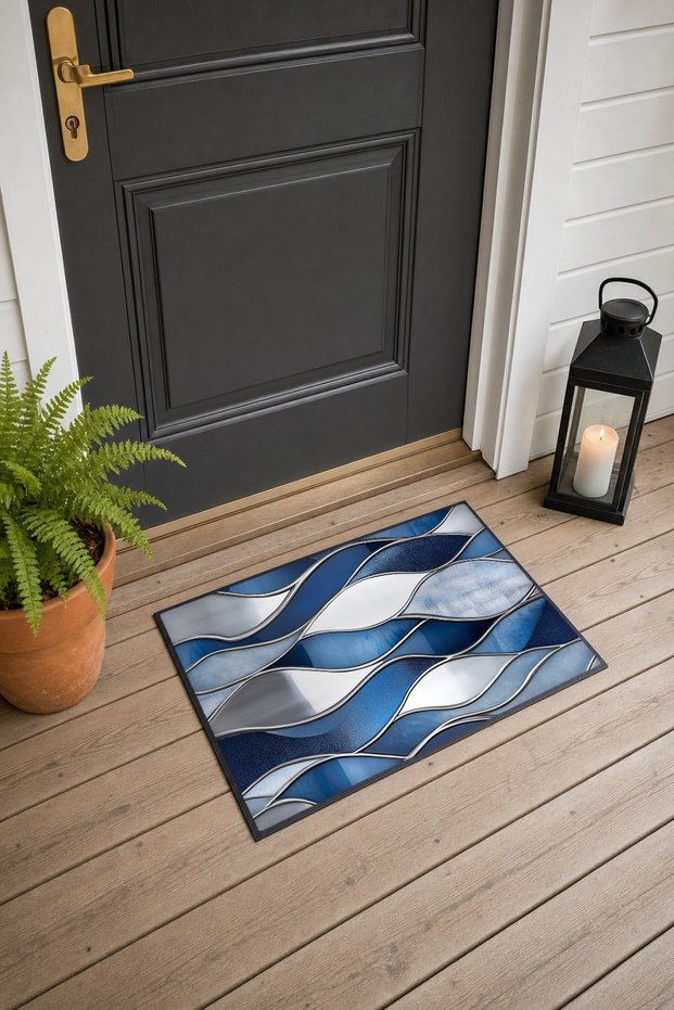 Navy Blue and Silver Metallic Wave-Patterned Doormat, 40x60 cm, with Non-Slip Sole, Decorative