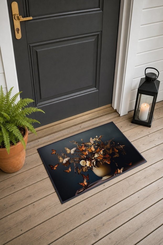 573 Orange Butterfly Garden Patterned Doormat, 40x60 cm, with Non-Slip Sole, Decorative