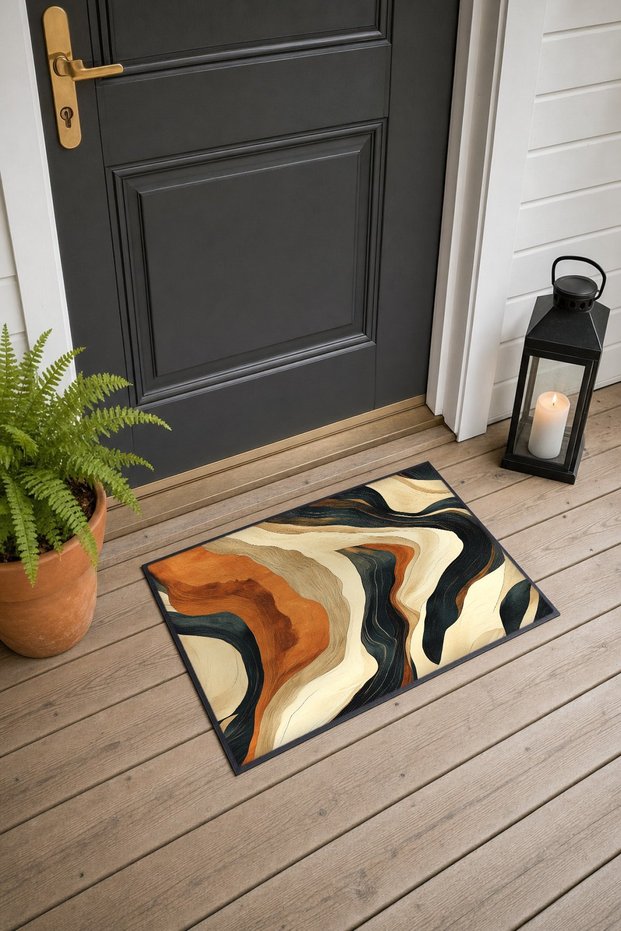 Orange and Black Wavy Abstract Patterned Doormat, 40x60 cm, with Non-Slip Sole, Decorative