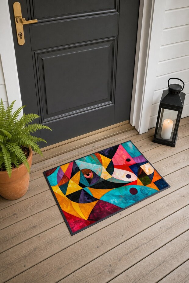 Turquoise and Yellow Cubist Fish-Patterned Doormat, 40x60 cm, with Non-Slip Sole, Decorative
