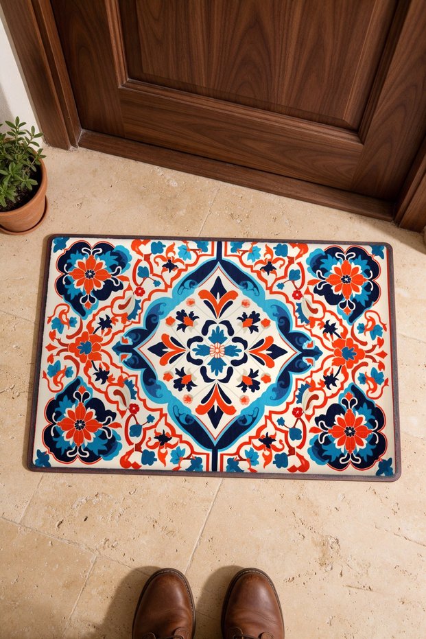Blue and Red Flower Motif Turkish Rug-Floral Print 727 Doormat, 40x60 cm, with Non-Slip Sole