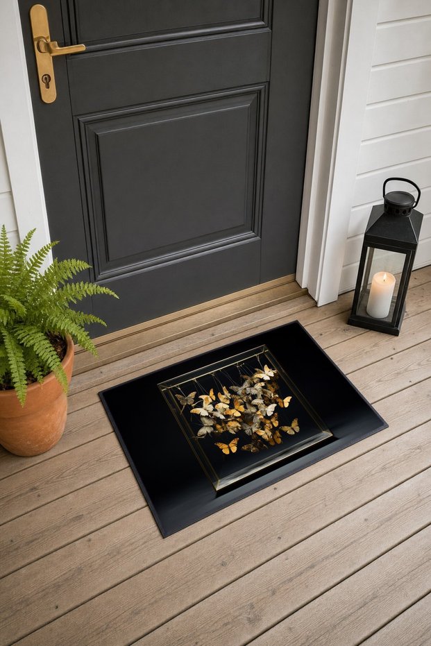 515 Yellow and White Butterfly-Patterned Doormat, 40x60 cm, with Non-Slip Sole, Decorative
