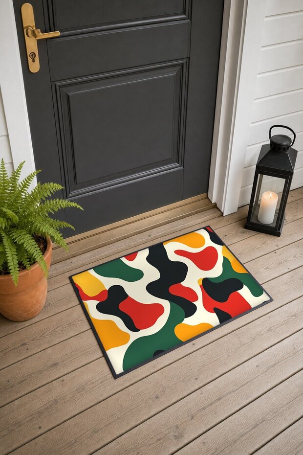 Green, Red, and Yellow Camouflage Print Doormat, 40x60 cm, with Non-Slip Sole, Decorative