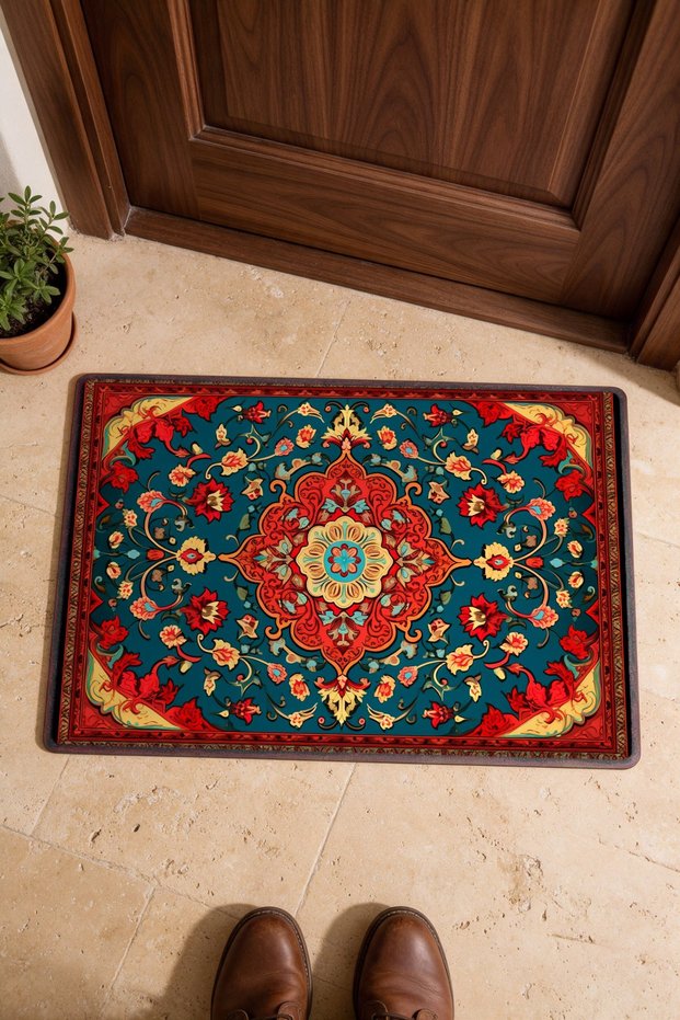 Petrol Red Palace Medallion Turkish Rug-Patterned Doormat, 40x60 cm, with Non-Slip Sole