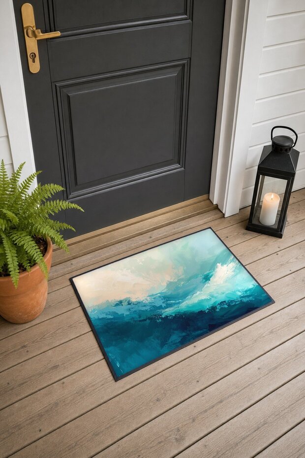Turquoise Cream Wavy Brush-Patterned Doormat, 40x60 cm, with Non-Slip Sole, Decorative