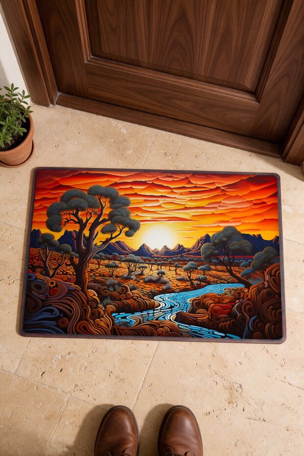 Orange and Blue Landscape-Patterned 959 Doormat, 40x60 cm, with Non-Slip Sole, Decorative