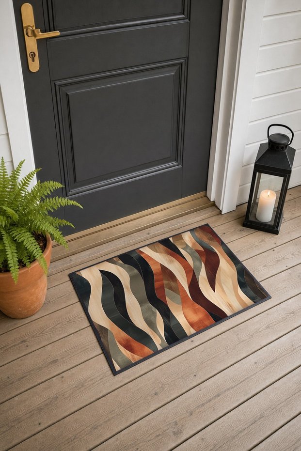 Brown-Beige Wavy-Striped Doormat, 40x60 cm, with Non-Slip Sole, Decorative