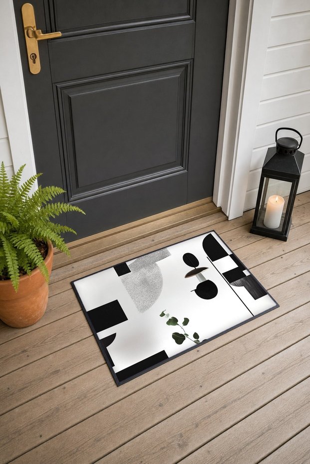 White and Black Minimal Geometric Ivy-Patterned Doormat, 40x60 cm, with Non-Slip Sole, Decorative