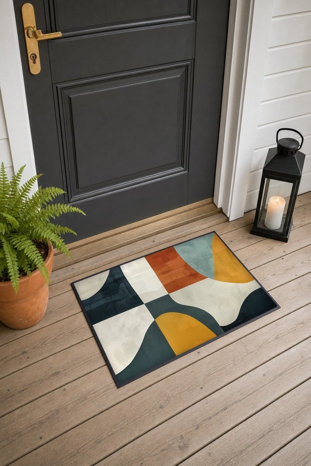 Navy and Mustard Modern Curved Block-Patterned Doormat, 40x60 cm, with Non-Slip Sole, Decorative