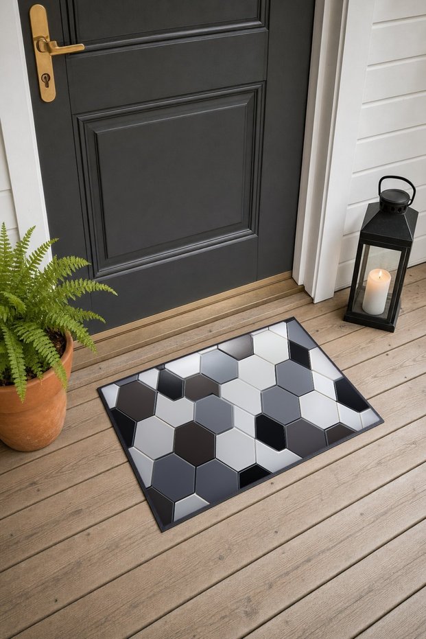 Gray and Black Hexagon-Patterned Doormat, 40x60 cm, with Non-Slip Sole, Decorative