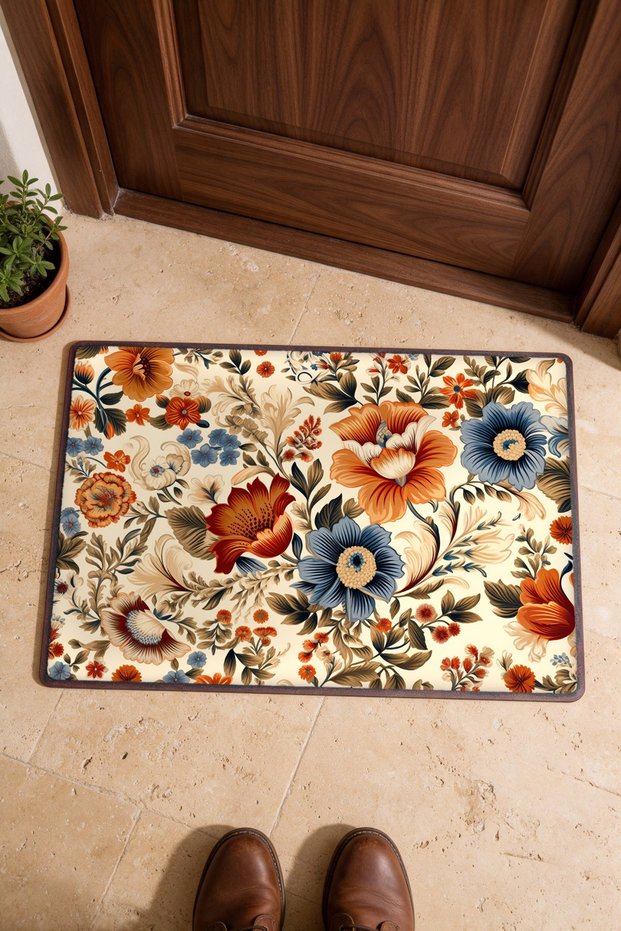 Orange and Blue Flower Garden Turkish Rug-Floral Print Doormat, 40x60 cm, with Non-Slip Sole