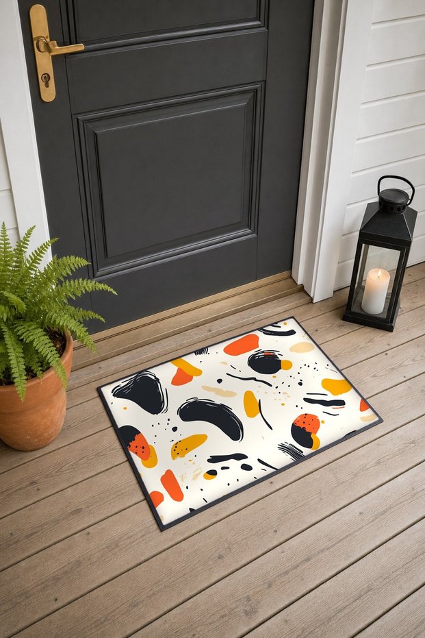 Cream, Black, and Orange Speckled Confetti-Patterned Doormat, 40x60 cm, with Non-Slip Sole, Decorative