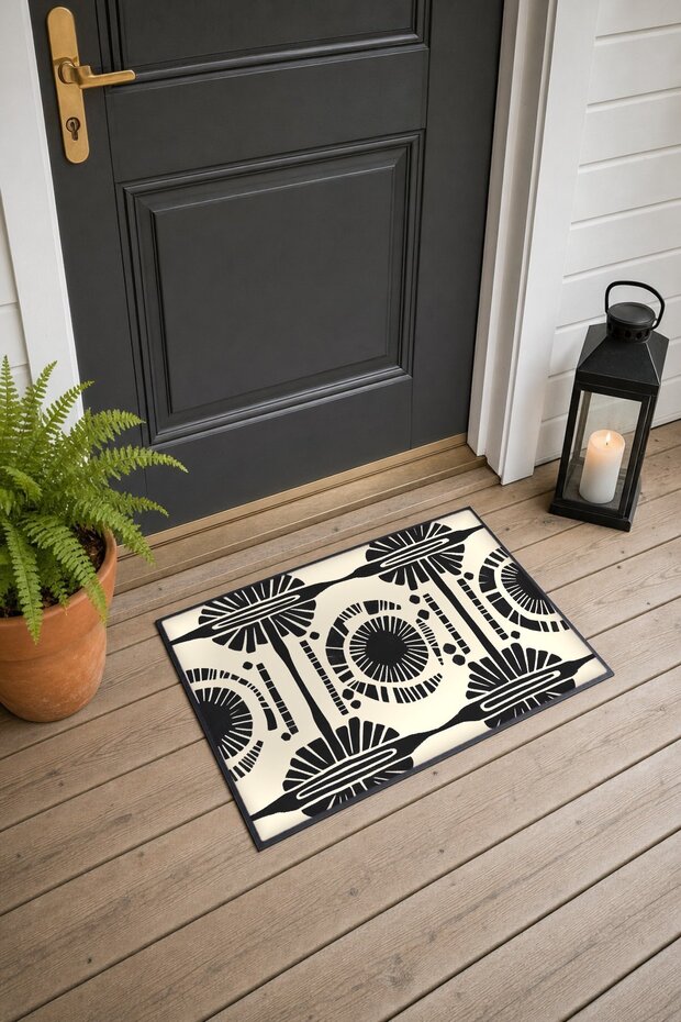 Black Cream Retro Patterned Doormat, 40x60 cm, with Non-Slip Sole, Decorative