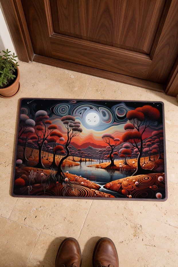 Red and Black Landscape-Patterned Doormat, 40x60 cm, with Non-Slip Sole, Decorative