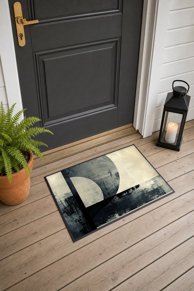 Black Cream Door Mat with Minimal Geometric Pattern, 40x60 cm, Non-Slip Sole, Decorative