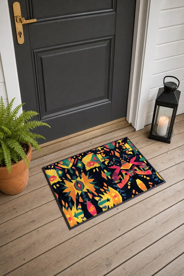Black-Backed, Colorful Ethnic Motif Doormat, 40x60 cm, with Non-Slip Sole, Decorative