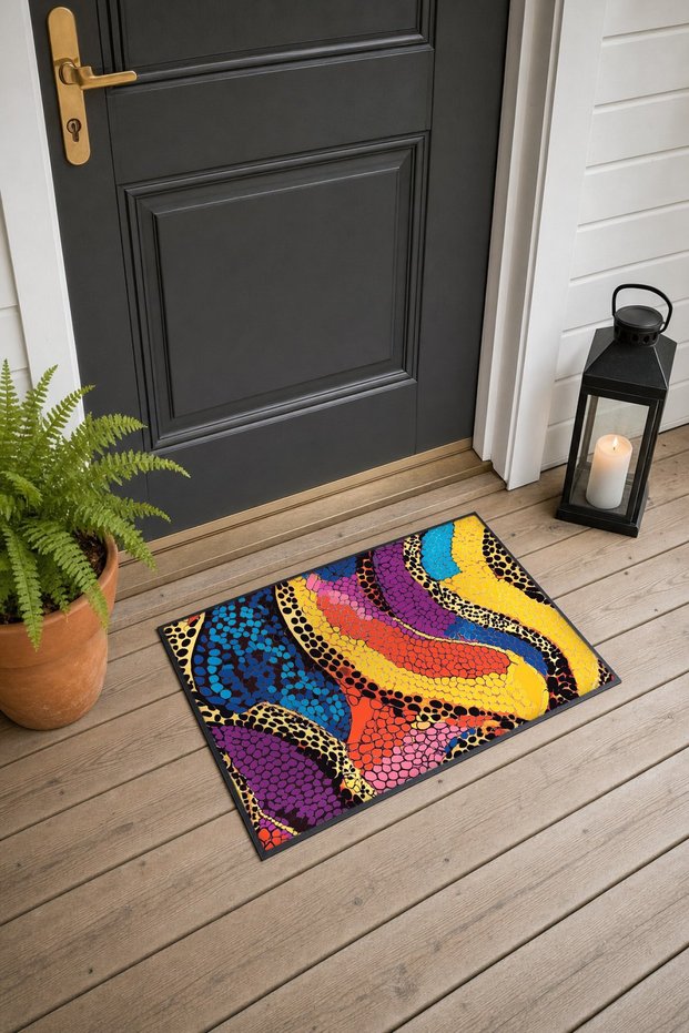 Colorful Ethnic Patterned Dot-and-Wave Pattern Doormat, 40x60 cm, with Non-Slip Sole, Decorative