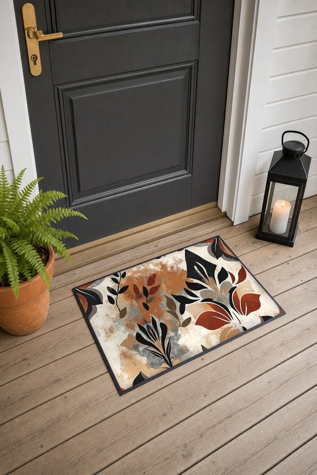 Cream-Colored Coffee Bohemian Leaf-Patterned Doormat, 40x60 cm, with Non-Slip Sole, Decorative