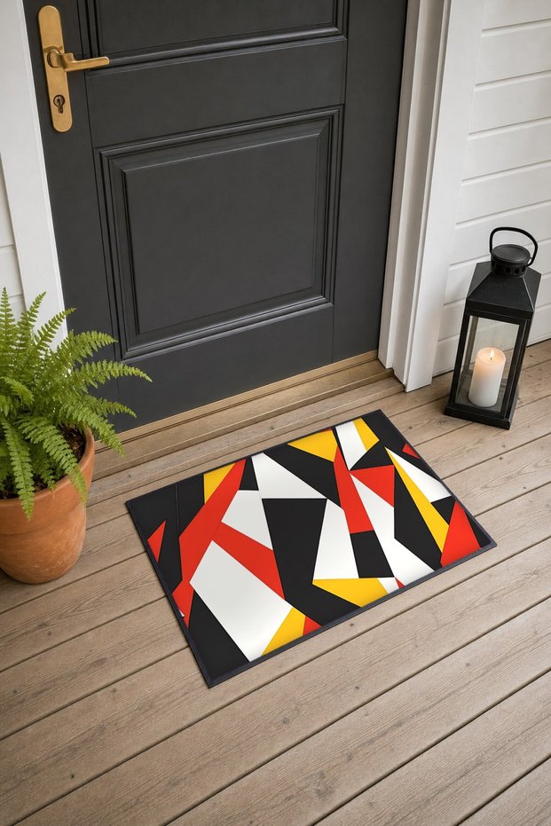 Red and Yellow Geometric Patterned Doormat, 40x60 cm, with Non-Slip Sole, Decorative