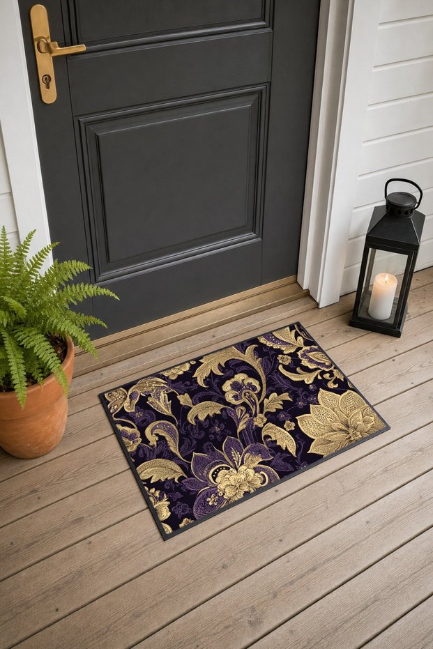 Purple Gold Damask Floral Print Doormat, 40x60 cm, with Non-Slip Sole, Decorative