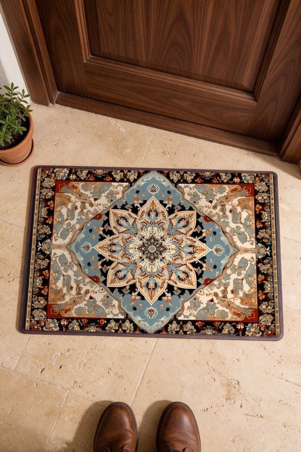 Gray, Blue, and Black Classic Medallion Turkish Rug-Patterned Doormat, 40x60 cm, with Non-Slip Sole