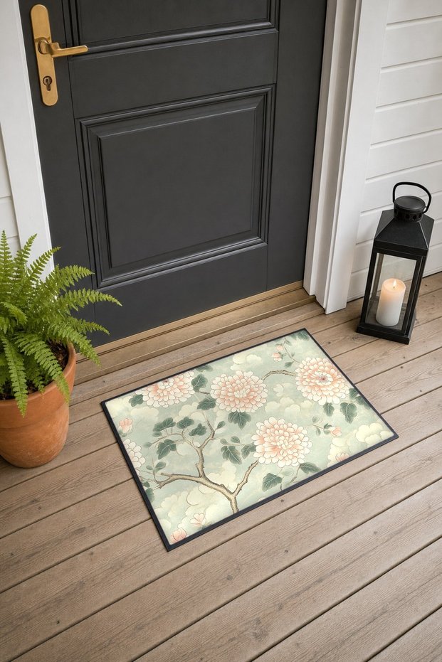 Mint Pink Peony Flower-Floral Print Doormat, 40x60 cm, with Non-Slip Sole, Decorative