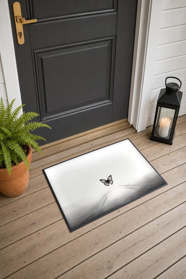 Black and White Butterfly-Patterned 711 Doormat, 40x60 cm, with Non-Slip Sole, Decorative