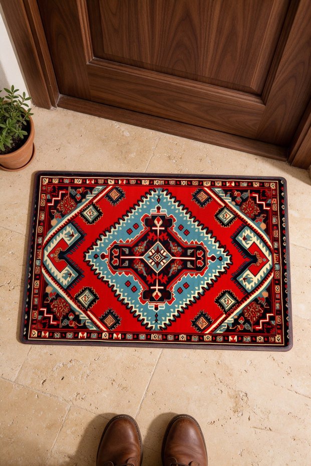 Red and Turquoise Caucasian Kilim Rug-Patterned Turkish Rug Doormat, 40x60 cm, with Non-Slip Sole
