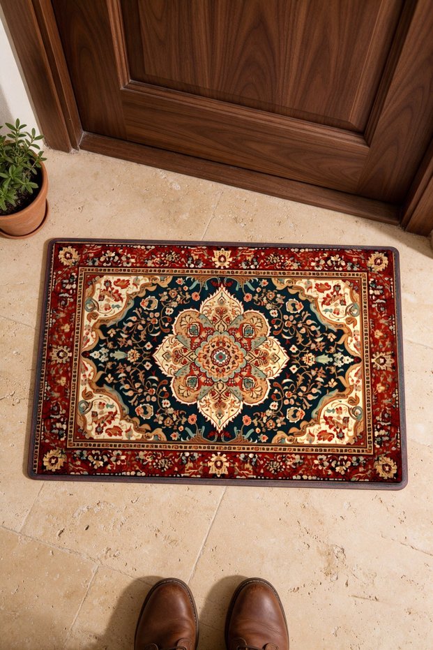 Burgundy and Cream Classic Saray Turkish Rug-Patterned Doormat, 40x60 cm, with Non-Slip Sole