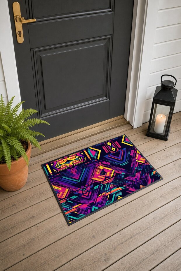 Purple Neon Pink Aztec-Patterned Doormat, 40x60 cm, with Non-Slip Sole, Decorative