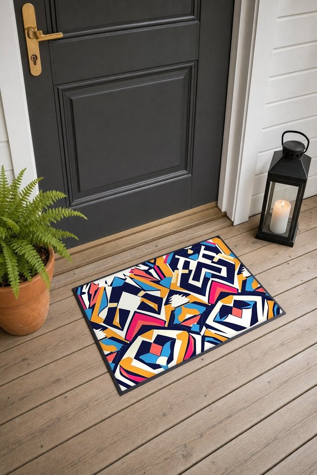 Navy Blue and Pink Geometric Patterned Kaleidoscope-Patterned Doormat, 40x60 cm, with Non-Slip Sole, Decorative