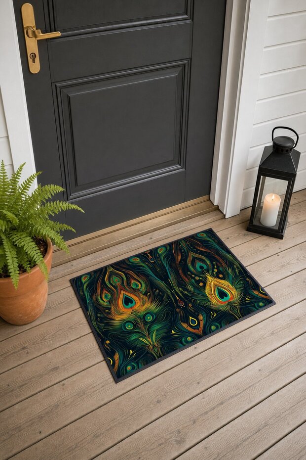 Dark Green Door Mat with Gold Peacock Feather Pattern, 40x60 cm, Non-Slip Sole, Decorative