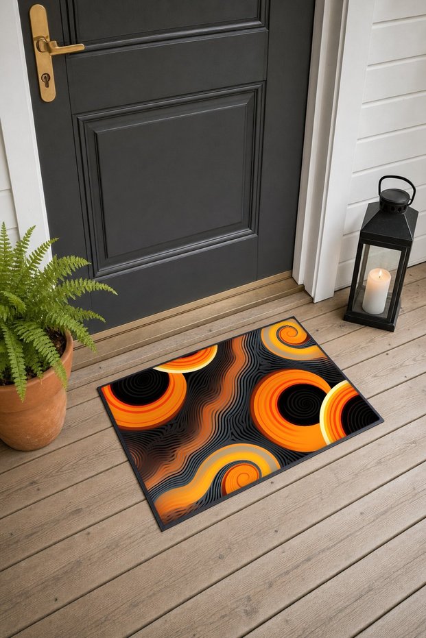 Black and Orange Wavy Pattern 929 Doormat, 40x60 cm, Non-Slip Sole, Decorative