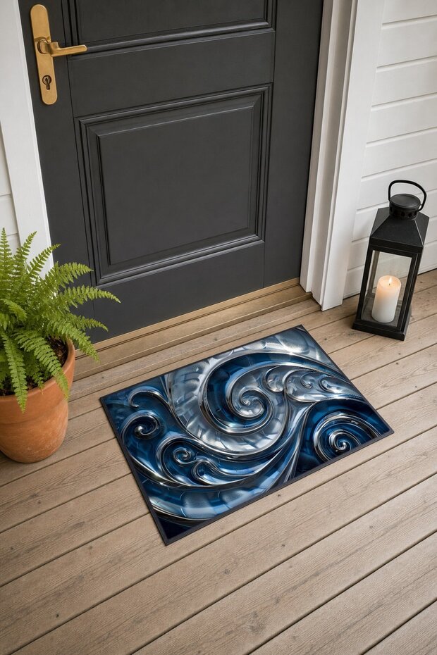 Blue Wavy Patterned Woven Doormat, 40x60 cm, with Non-Slip Sole, Decorative