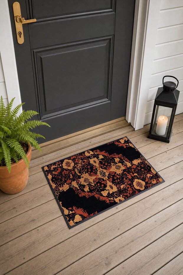 Black Copper Baroque Lace-Patterned Doormat, 40x60 cm, with Non-Slip Sole, Decorative