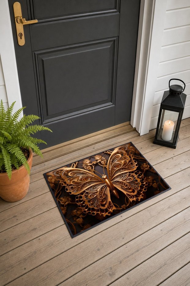 Door Mat with Gold Butterfly Motif, 40x60 cm, Non-Slip Sole, Decorative