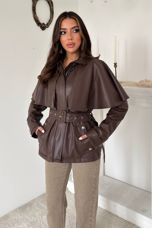 Brown leather cape jacket