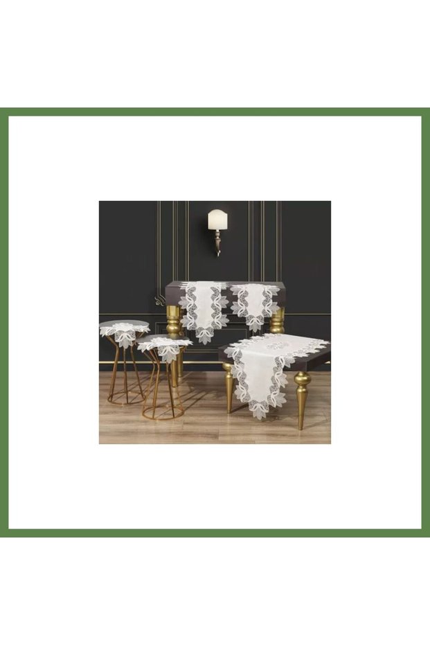 Kayla Cream-Gold 5-Piece Linen Lace Tablecloth and Table Runner Set for the Living Room HB006