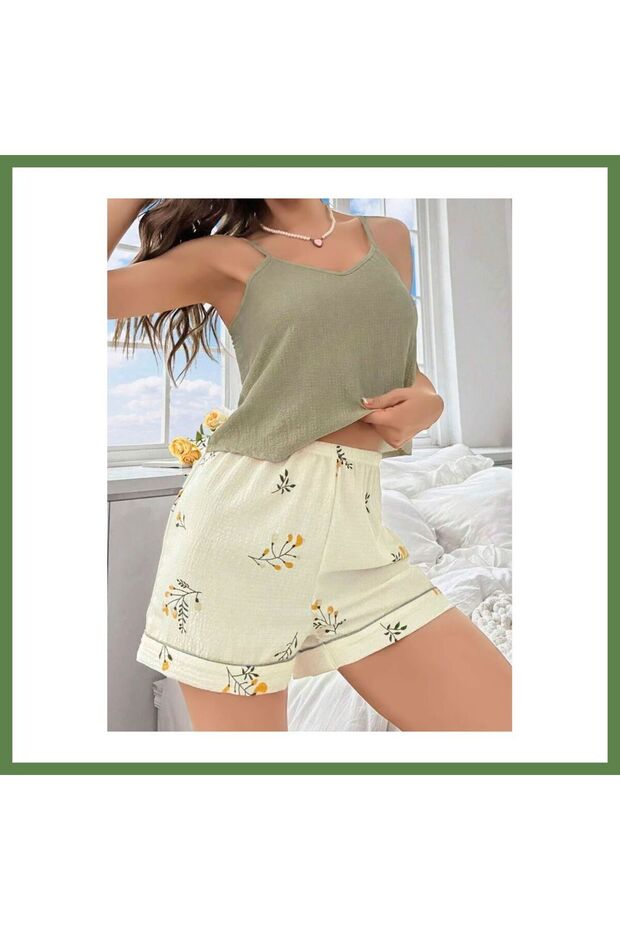 Women's Ecru Floral-Print Short-Shorts Pajama Set 5099 · SIZE: L/XL · COLOR: Ecru HB006