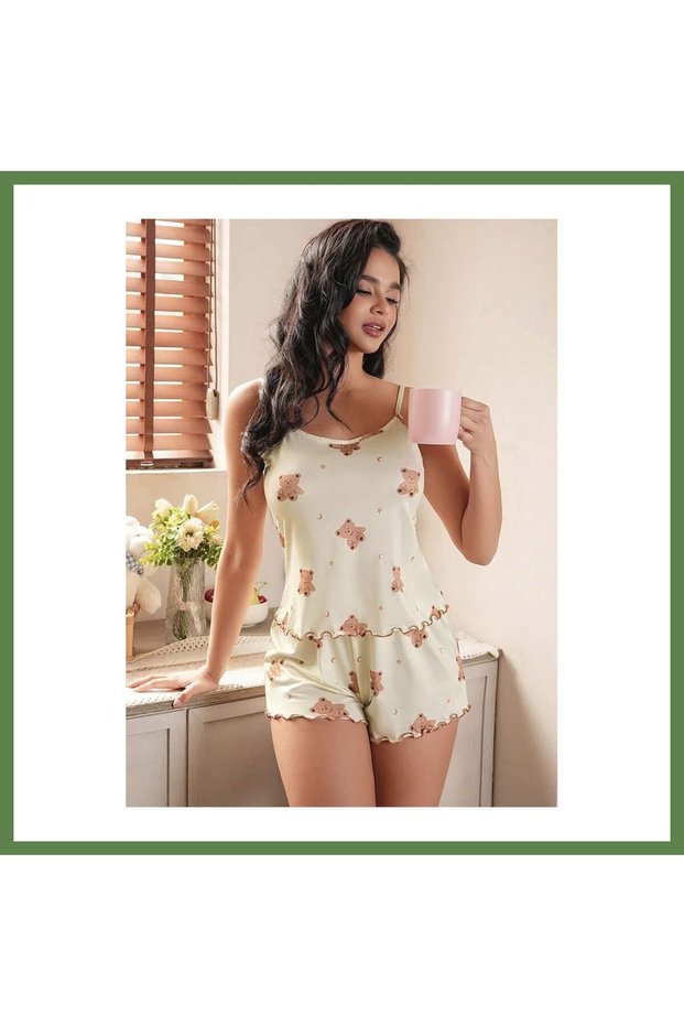 Women's Beige Knit Summer Shorts Set with Teddy Bear Print 5199 · SIZE: L/XL · COLOR: Yellow HB006
