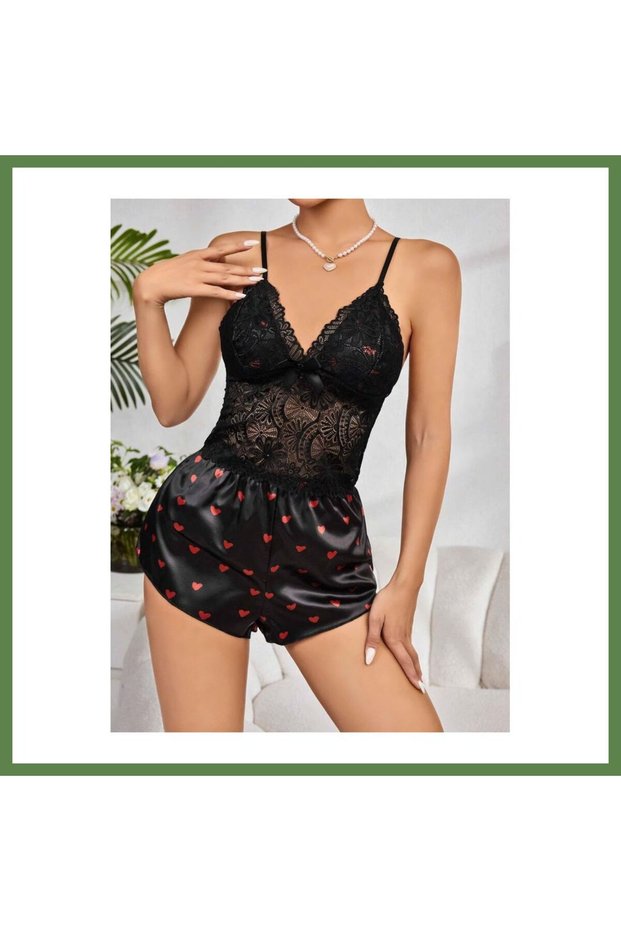 Women's Black and Red Patterned Satin Shorts Pajama Set 2232 · SIZE: L/XL · COLOR HB006