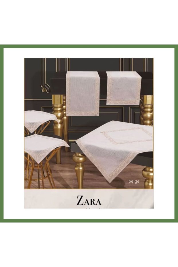 Model: Beige Lace-Trimmed Linen Tablecloth Table Runner Set, 5-Piece Dining Room Set HB006