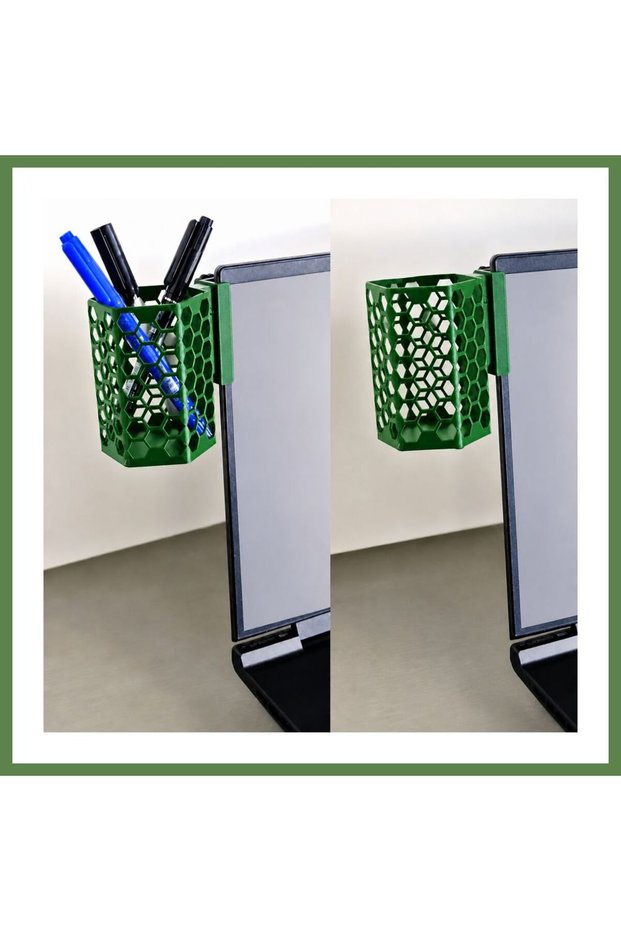 3D-Printed Monitor Pen Holder - Hexagonal Laptop Edge Pen Holder with Honeycomb Pattern - Green HB006